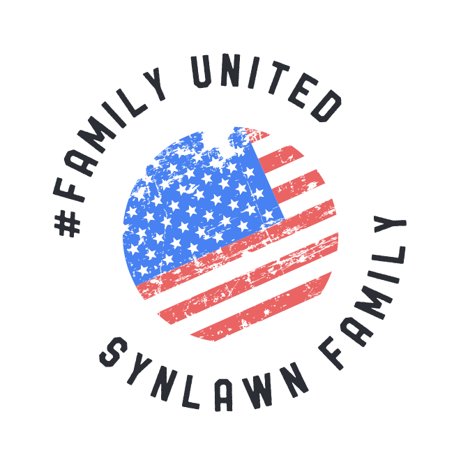 American flag circular badge with text that says family united synlawn family