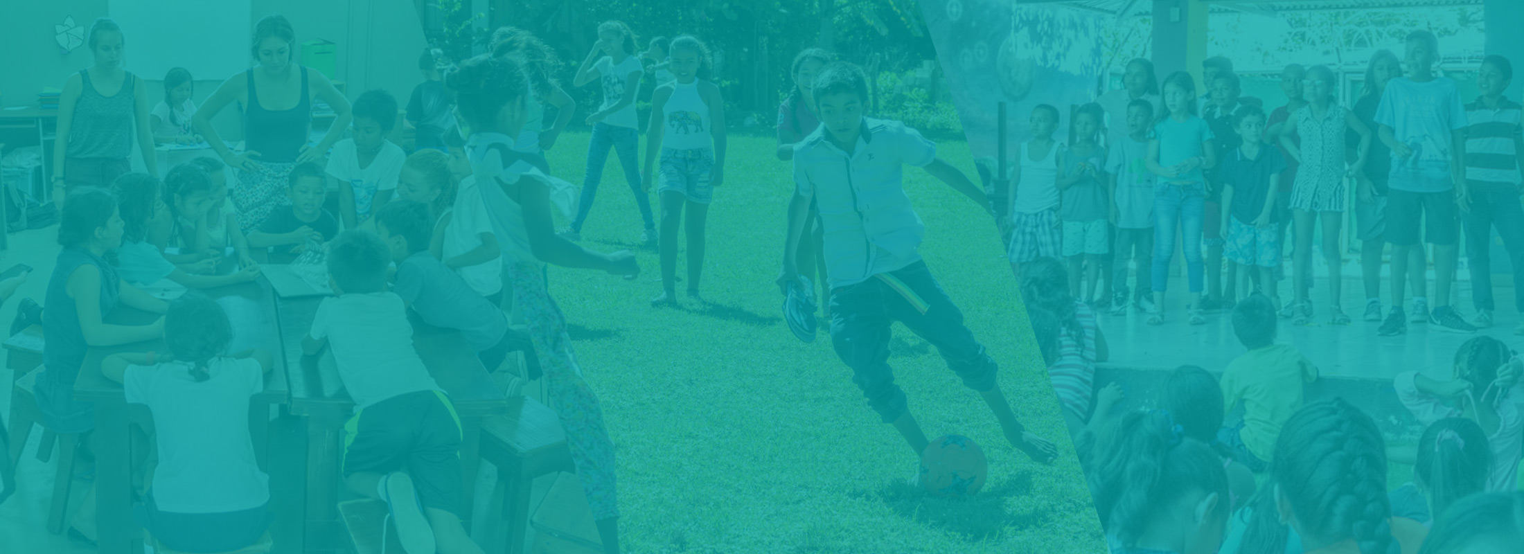 background image of 3 combined photos showing children being taught in school and playing soccer