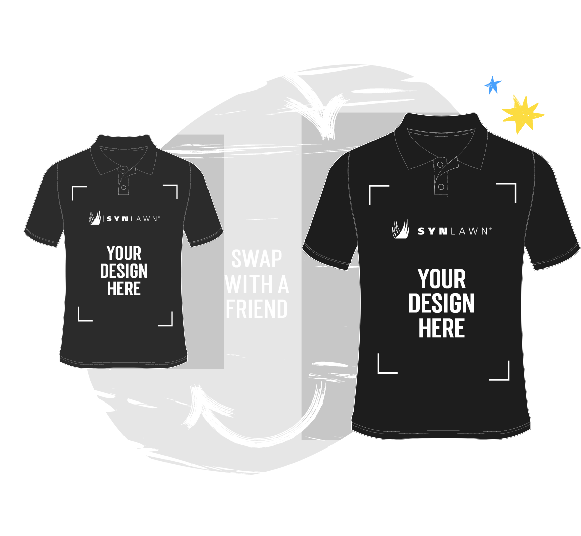 2 shirts with text that says your design here and arrows showing them swap places